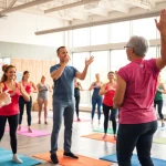 Fitness und Ernährung: Gruppe von Menschen bei einer motivierenden Fitnessübung in einem modernen Gym.