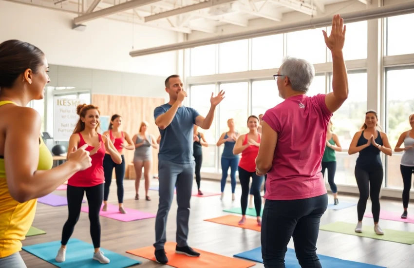 Fitness und Ernährung: Gruppe von Menschen bei einer motivierenden Fitnessübung in einem modernen Gym.