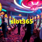 Experience the excitement of slot365 with players engaging intensely at vibrant slot machines.
