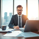 Headhunter Schweiz mit Laptop und Lebensläufen in modernem Büro, entspannt und engagiert.