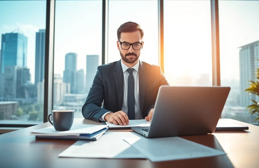 Headhunter Schweiz mit Laptop und Lebensläufen in modernem Büro, entspannt und engagiert.