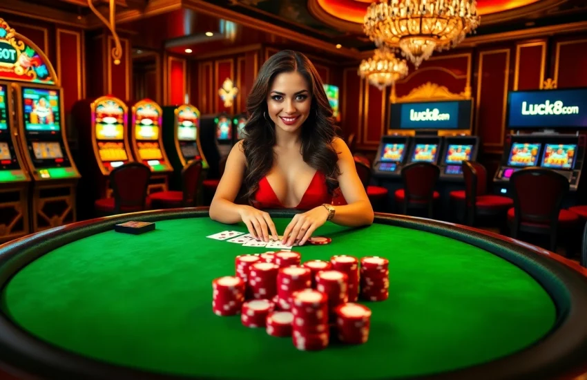 A captivating poker scene at luck8.com showcasing a dealer with vibrant poker chips and cards, exuding luxury and excitement.