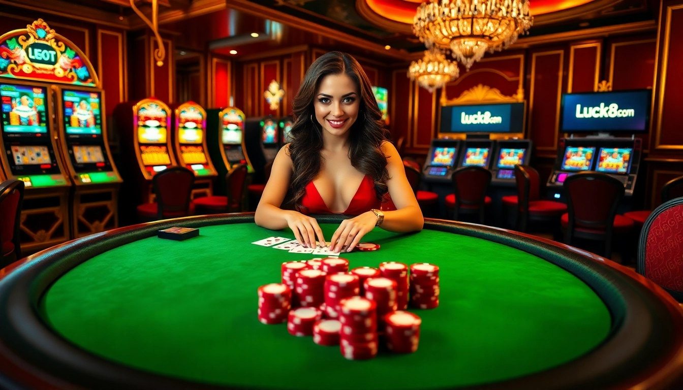A captivating poker scene at luck8.com showcasing a dealer with vibrant poker chips and cards, exuding luxury and excitement.