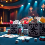 Maišeliai su logotipu filled with casino items on a poker table, creating an exciting gambling atmosphere.