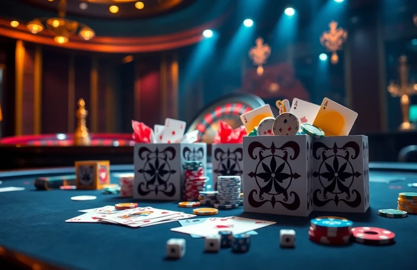 Maišeliai su logotipu filled with casino items on a poker table, creating an exciting gambling atmosphere.