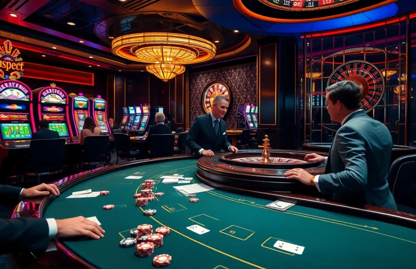 Exciting casino scene featuring diverse gamblers engaging at tables and slot machines at https://tg88.sale/.