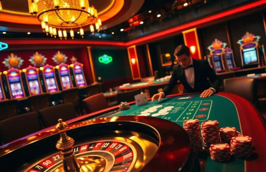 Experience the thrill of casino excitement on https://kuwinzhz.com/ with a vibrant roulette wheel and poker table scene.
