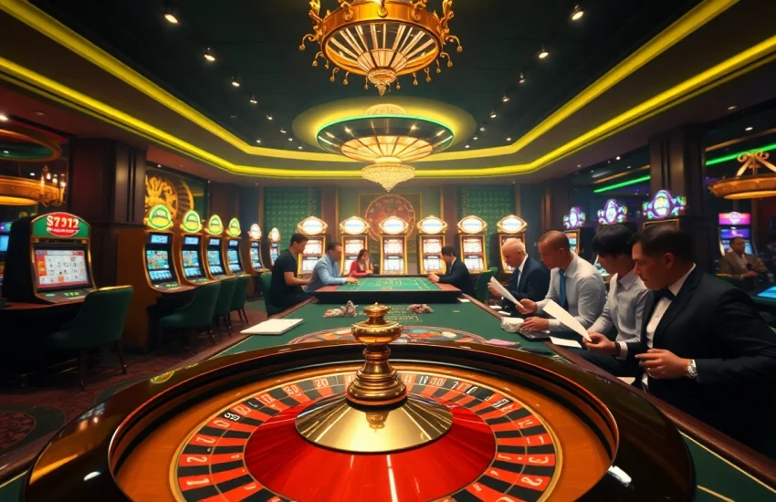 Exciting casino atmosphere showcasing nhà cái 789club games with roulette wheel and poker cards.