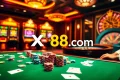 Engaging casino scene featuring XX88 com logo with colorful poker chips and online betting interface.