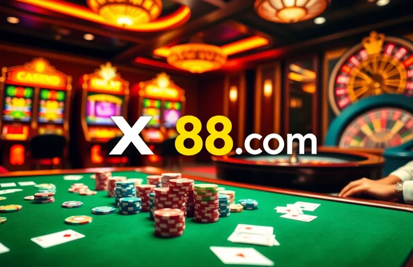Engaging casino scene featuring XX88 com logo with colorful poker chips and online betting interface.