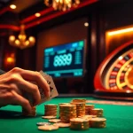 A thrilling gaming moment at nhà cái 888NEW with players enjoying poker and roulette in a luxurious casino atmosphere.