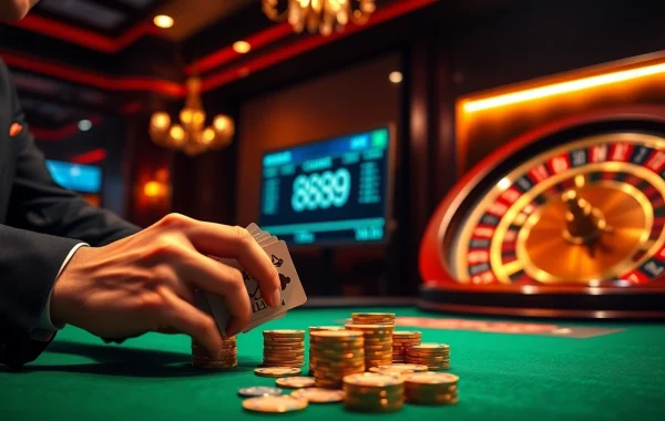 A thrilling gaming moment at nhà cái 888NEW with players enjoying poker and roulette in a luxurious casino atmosphere.