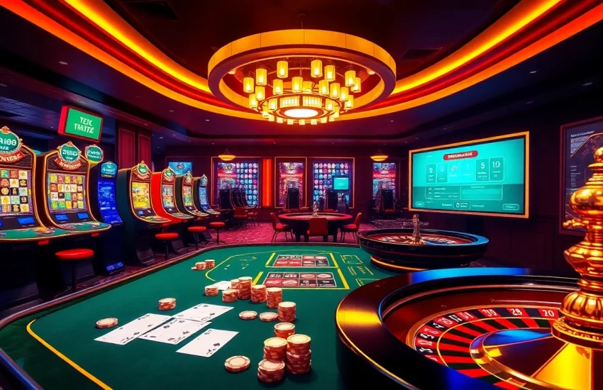Play thrilling games at Nhà cái AF88, featuring vibrant casino elements like poker chips and slot machines.