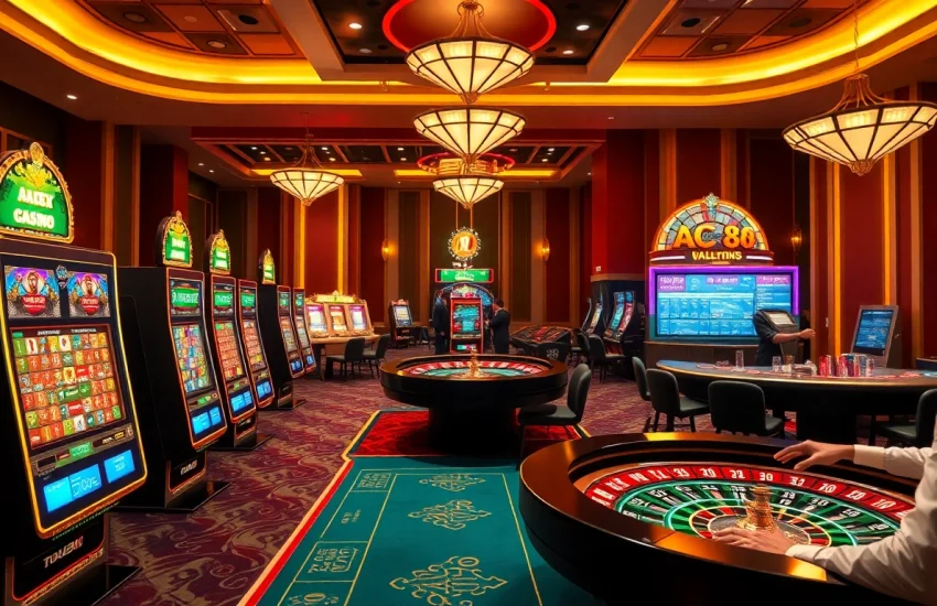 Experience Giới Thiệu ABC8’s luxurious online gambling environment with interactive tables and vibrant slot machines.
