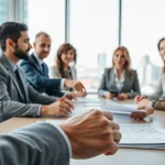 Erörterung von Arbeitslosengeld Informationen in einer professionellen Büroatmosphäre.