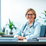 Gesundheitsratgeber Deutschland mit einem freundlichen Gesundheitsberater in einem modernen Büro.