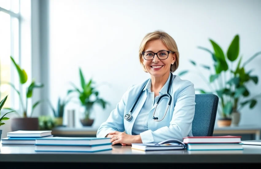 Gesundheitsratgeber Deutschland mit einem freundlichen Gesundheitsberater in einem modernen Büro.