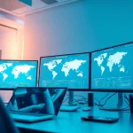 Explore cutting-edge technology at 快连官网, showcasing global network maps and user analytics in a modern workspace.