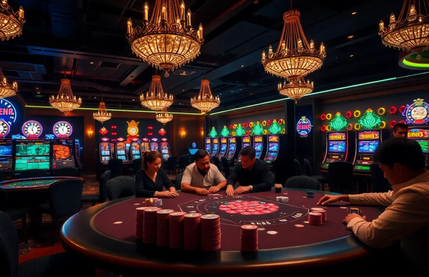 Exciting nn88 bet scene with lively poker table and vibrantslot machines, capturing high-stakes gaming atmosphere.