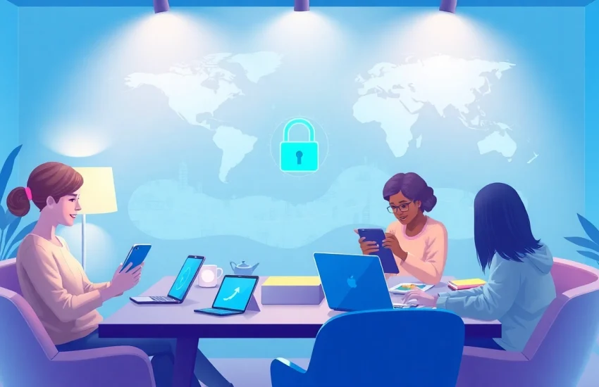 快连官网 showcases users seamlessly connecting devices in a global network, emphasizing speed and security.