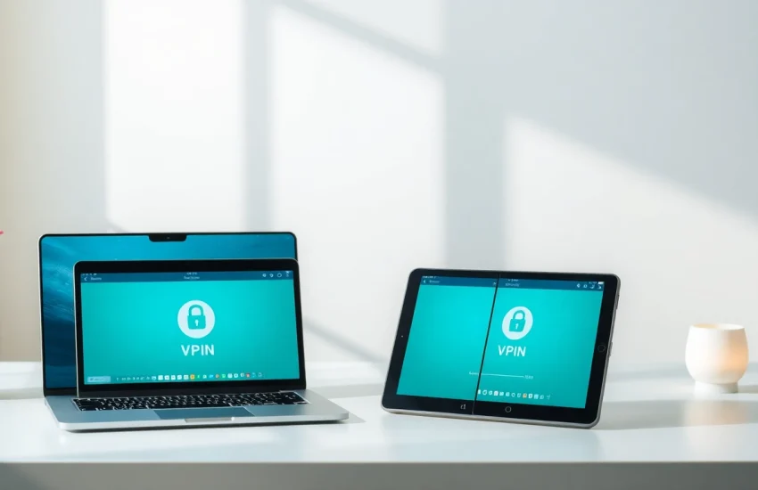 A sleek digital interface of 快连官网 showcasing a secure VPN application on multiple devices, emphasizing innovation and privacy.