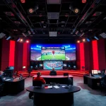 Engaging sports broadcasting scene with broadcasters discussing live sports events.