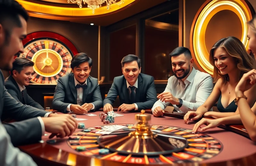 Experience the thrill of the game hitclub at a vibrant casino, featuring animated players and a spinning roulette wheel.