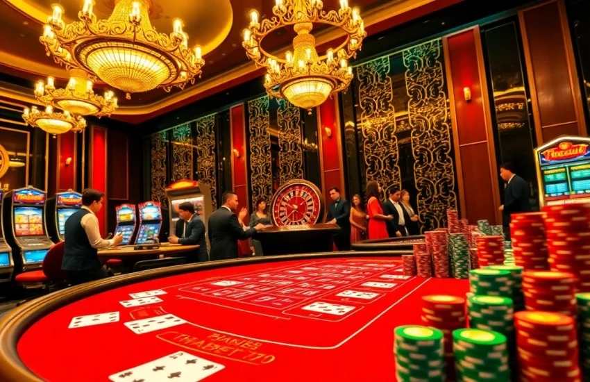 Experience the thrilling action at Thabet77 with vibrant casino tables and excited players.