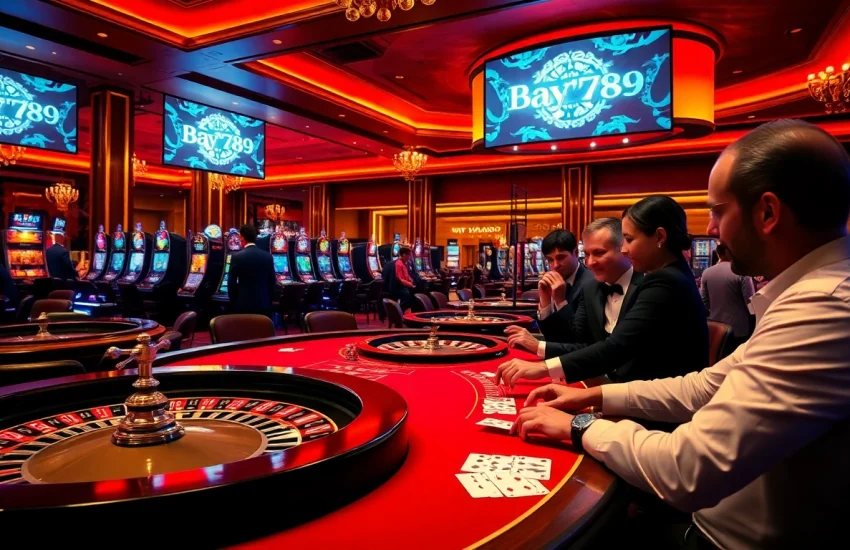 Players enjoying games at Bay789 casino with vibrant tables and slot machines.