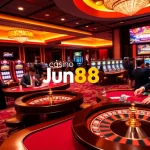 Gamblers enjoying a luxurious gaming experience at Jun88 casino with vibrant tables and exciting atmosphere.