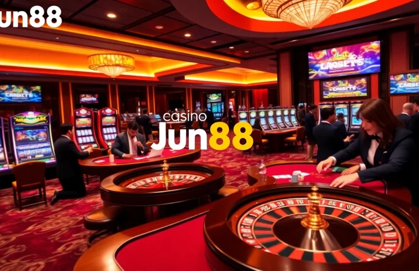 Gamblers enjoying a luxurious gaming experience at Jun88 casino with vibrant tables and exciting atmosphere.