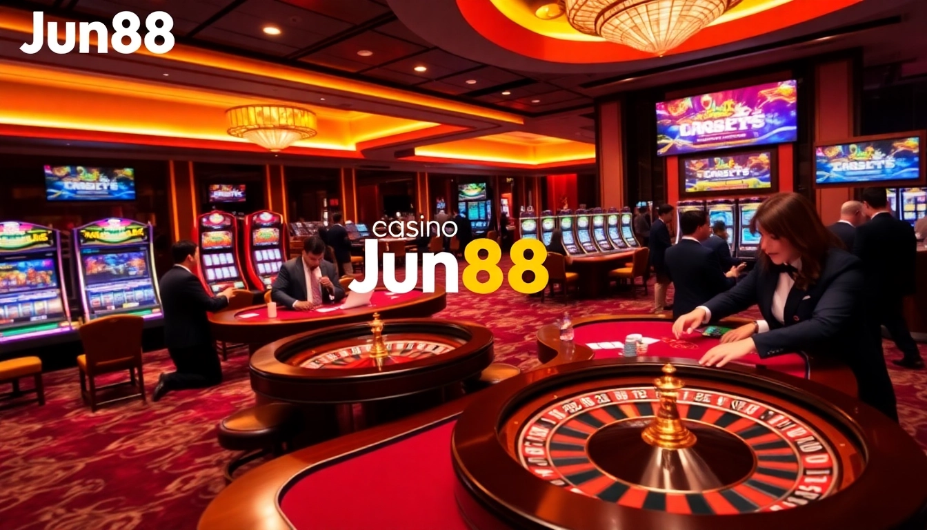 Gamblers enjoying a luxurious gaming experience at Jun88 casino with vibrant tables and exciting atmosphere.
