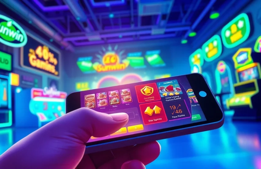 Sunwin gaming platform interface showcasing vibrant casino games and sports betting excitement.