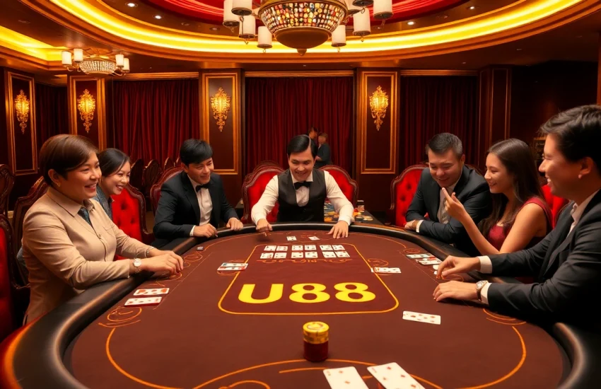 Players enjoying high-stakes poker at U888 casino table, surrounded by luxury and excitement.