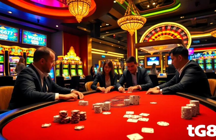 Exciting poker game at tg88 casino with vibrant atmosphere and luxury elements.