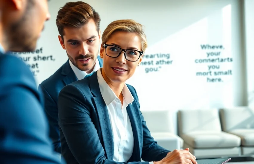 Headhunter conducts an interview in a bright office, showcasing professionalism and engagement.