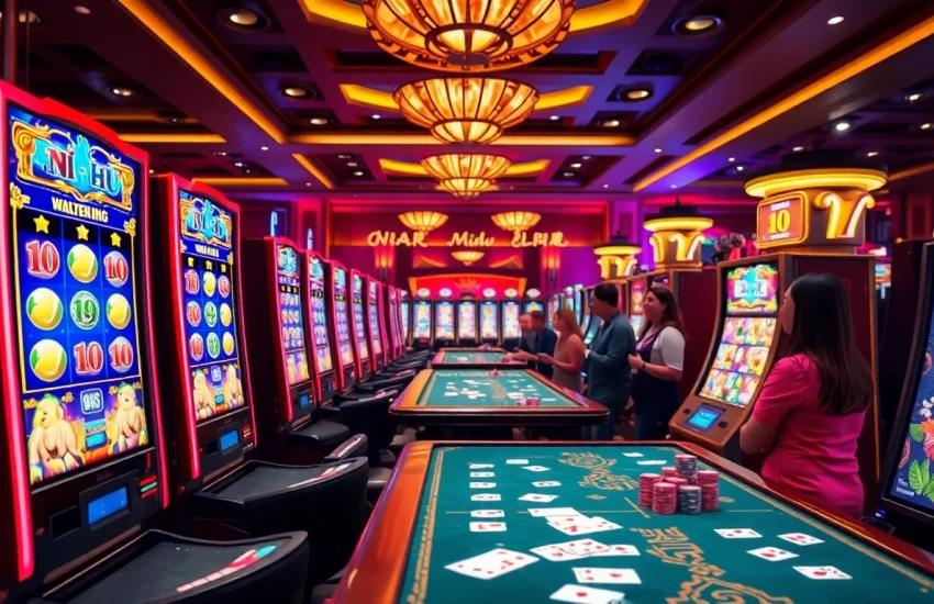 Engaging players spin nổ hũ slot machines in a vibrant casino atmosphere.
