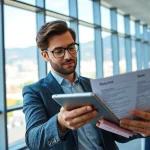 Headhunter Schweiz analysiert Lebensläufe in einem modernen Büro mit urbanem Blick.