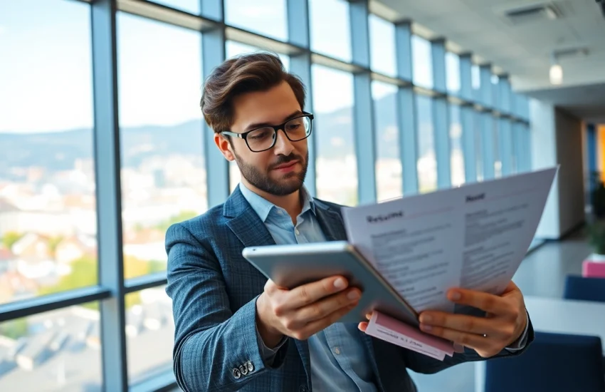 Headhunter Schweiz analysiert Lebensläufe in einem modernen Büro mit urbanem Blick.