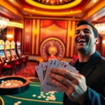 A lively casino scene showcasing a poker game win at DAGA, with vibrant slot machines and a roulette wheel.