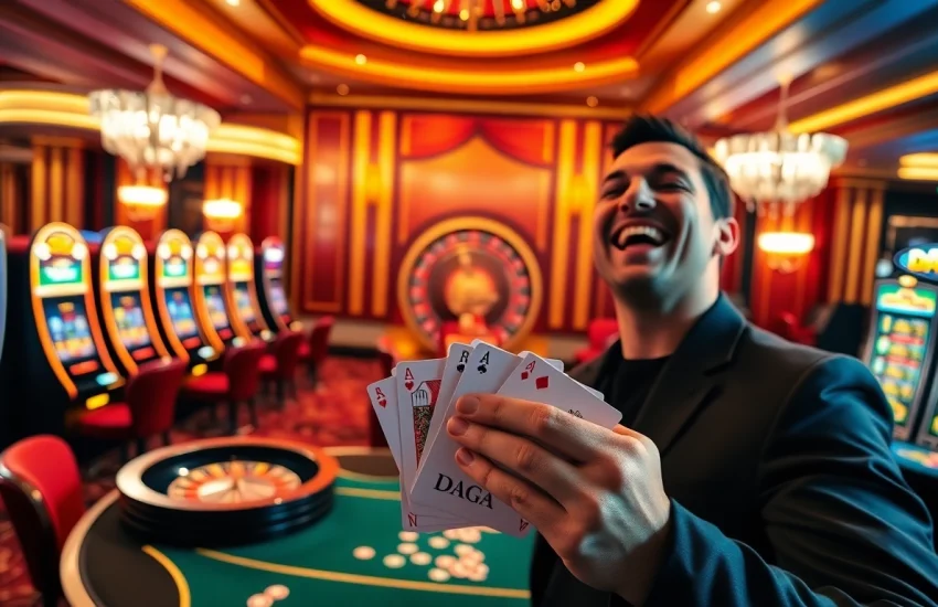 A lively casino scene showcasing a poker game win at DAGA, with vibrant slot machines and a roulette wheel.