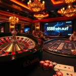 Thrilling gambling scene featuring 58win.surf, with a vibrant roulette wheel and luxury betting tables.