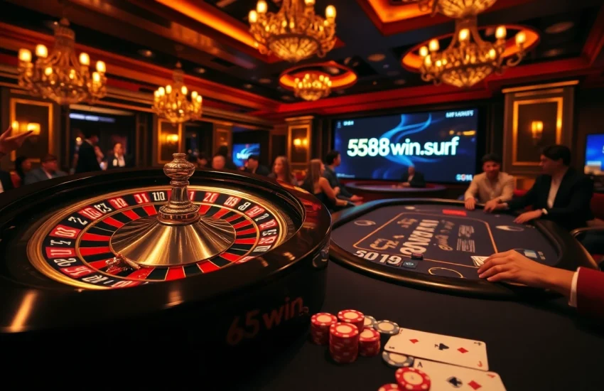 Thrilling gambling scene featuring 58win.surf, with a vibrant roulette wheel and luxury betting tables.