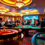 Exciting gambling action at qh88 casino with roulette and poker tables filled with players.