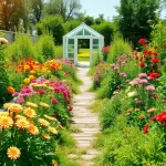 Gartenbaubetrieb mit bunten Blumen und frischen Pflanzen in einem sonnigen Garten.