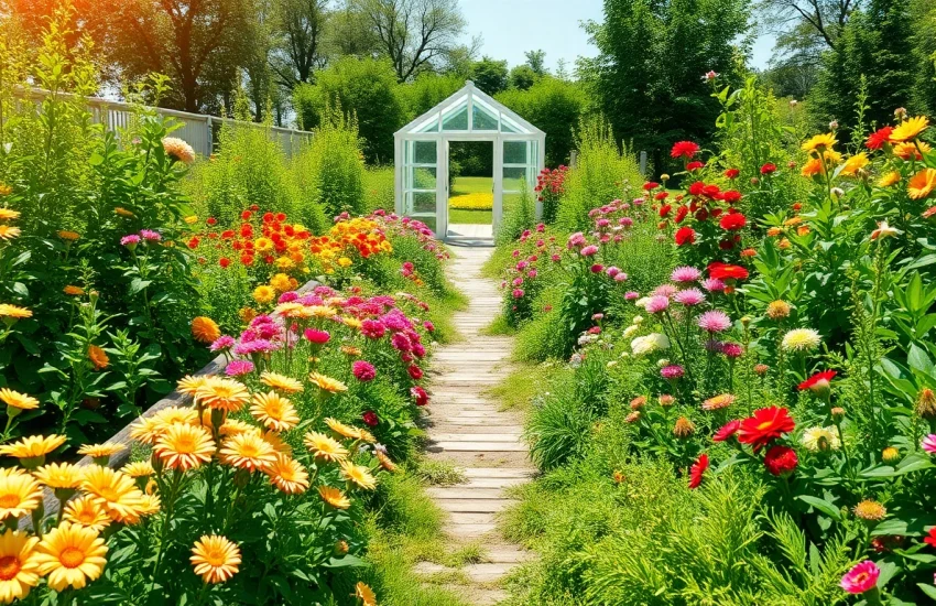 Gartenbaubetrieb mit bunten Blumen und frischen Pflanzen in einem sonnigen Garten.