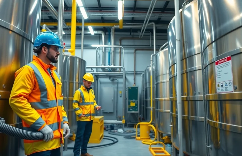 Tankentsorgung in einer professionellen Umgebung mit Sicherheitsausrüstung.