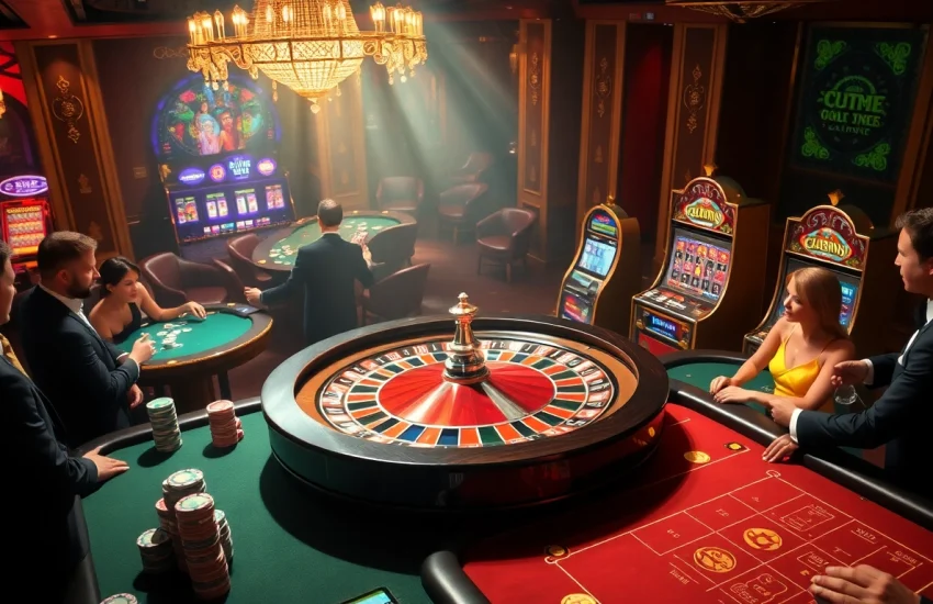 The thrilling atmosphere of https://oxbet.channel/ showcasing a luxurious casino scene with roulette, poker, and vibrant slot machines.