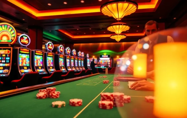 Exciting gaming scene with 79KING tables, poker chips, and vibrant slot machines.
