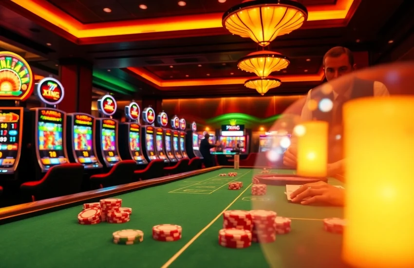 Exciting gaming scene with 79KING tables, poker chips, and vibrant slot machines.